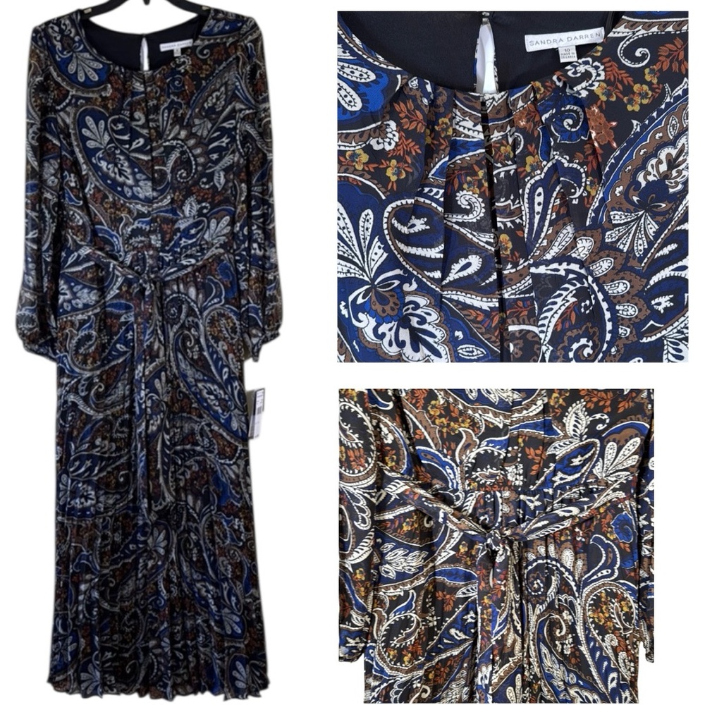 Sandra Darren Dress Black Paisley Print Maxi Pleated Sheer Sleeve in Size 10 NWT